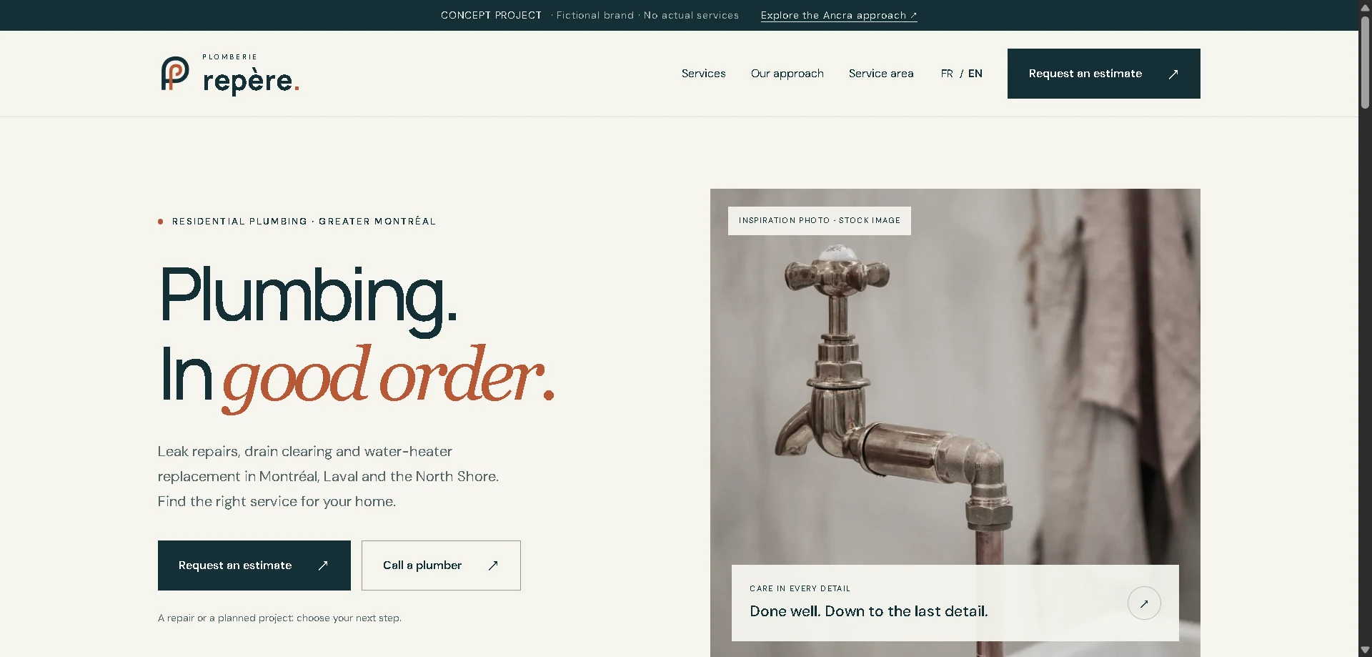 English desktop homepage of the Plomberie Repère bilingual WordPress concept