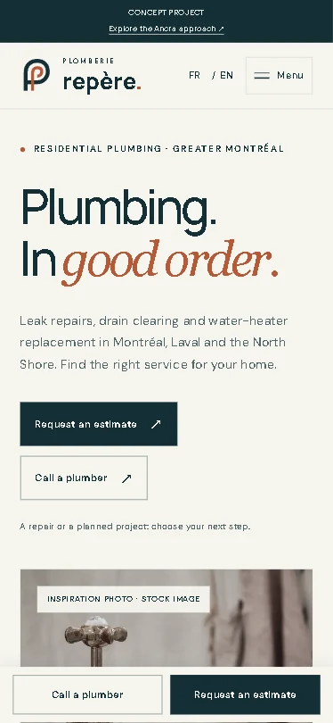 English mobile homepage of the Plomberie Repère bilingual WordPress concept